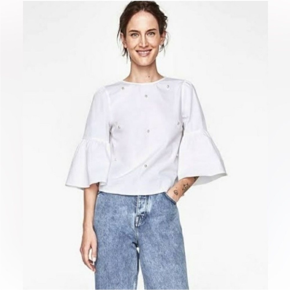 Zara Basic Pearl Embellished Bell Sleeve Top